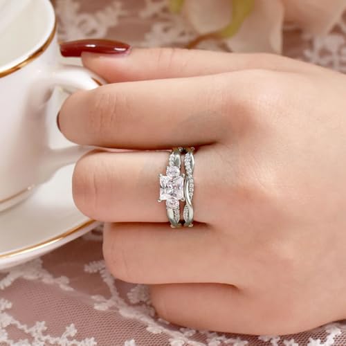 Princess Cut Wedding Ring Sets for Women Engagement Ring Set 1-1/2 Carat(ctw) Moissanite 925 Sterling Silver White Gold