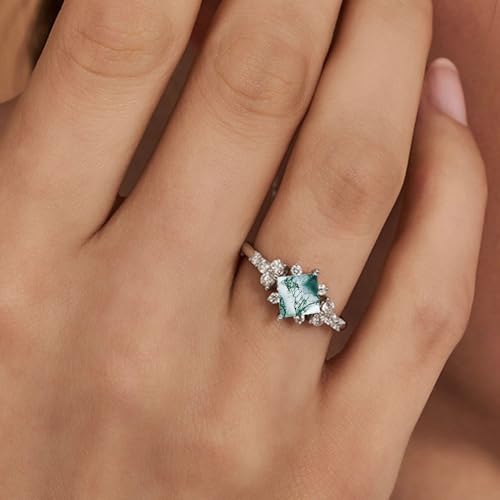 Vintage Natural Moss Agate Engagement Rings for Women Princess Cut 1CT Center Moss Agate Rings with Moissanite 925 Sterl