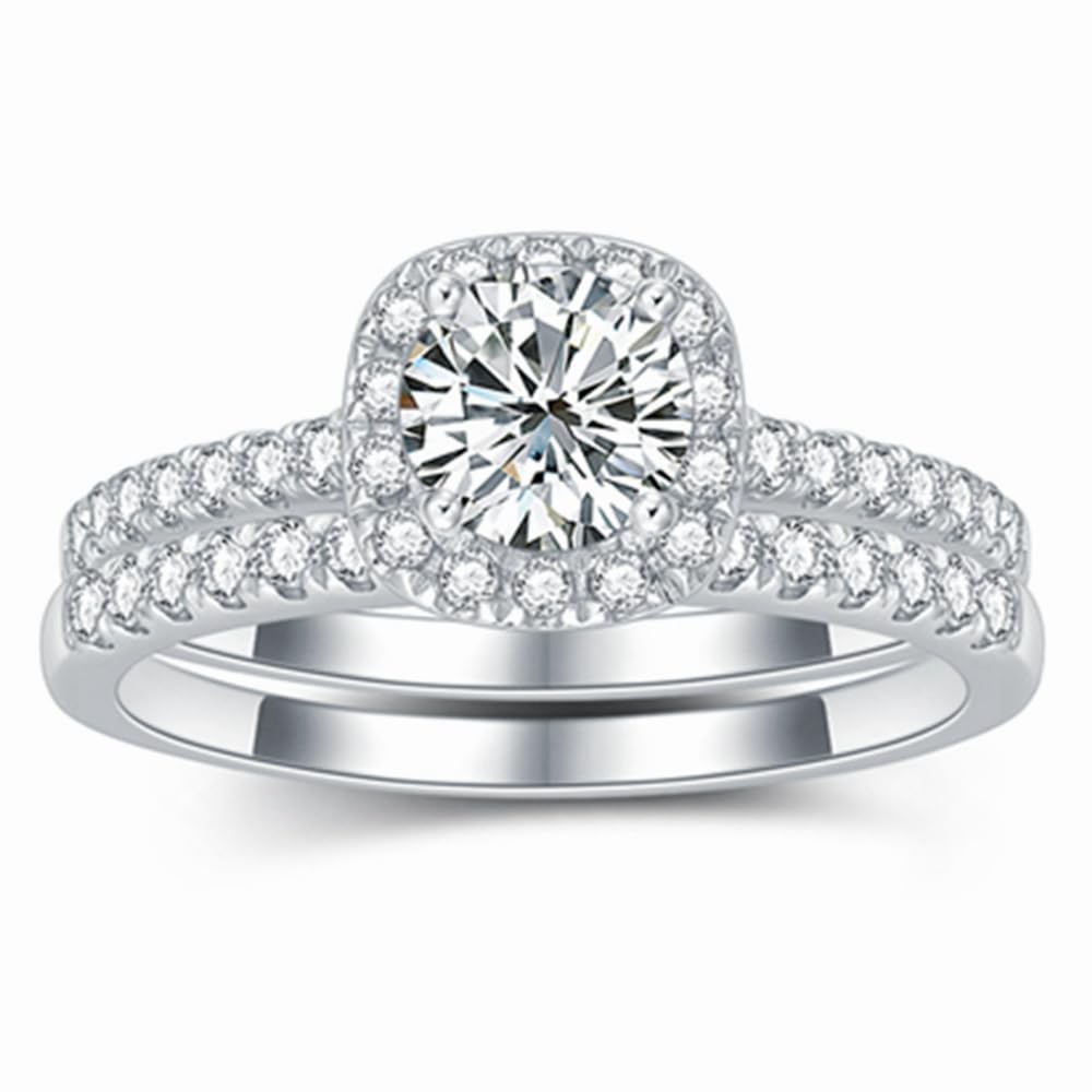 Wedding Ring Set for Women Halo Engagement Rings Platinum Plated Silver 1.5ct Moissanite White Gold Anniversary Rings
