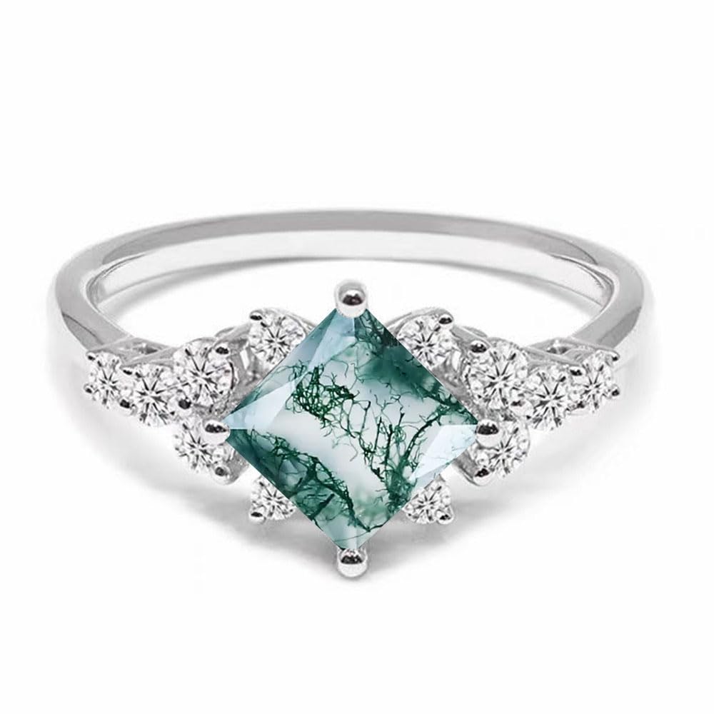 Vintage Natural Moss Agate Engagement Rings for Women Princess Cut 1CT Center Moss Agate Rings with Moissanite 925 Sterl