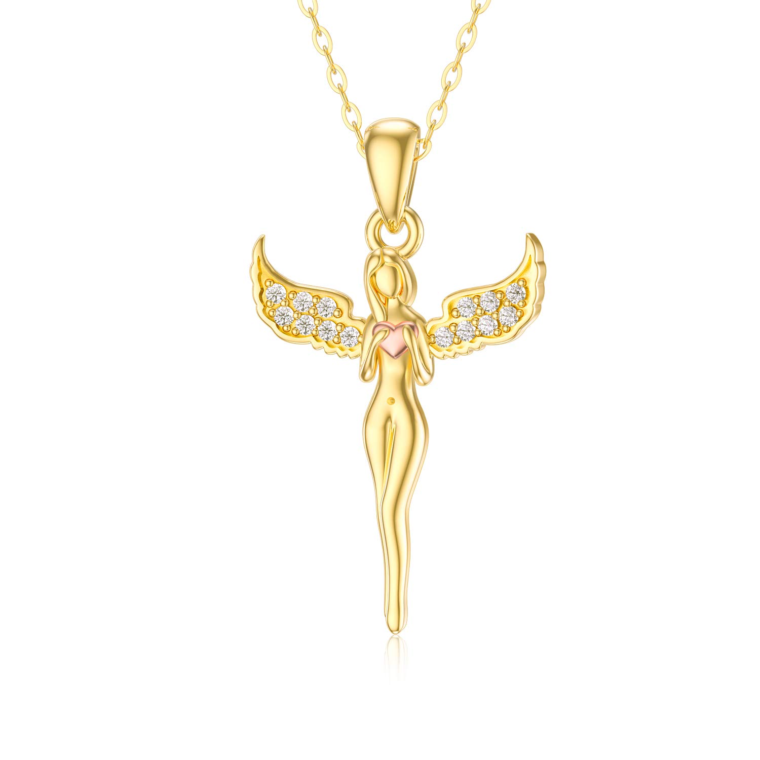 Blocaci 14K Solid Gold Angel Heart Moissanite Necklace for Women - Angel Wings Jewelry, 18" Necklace - Elegant Gift Idea