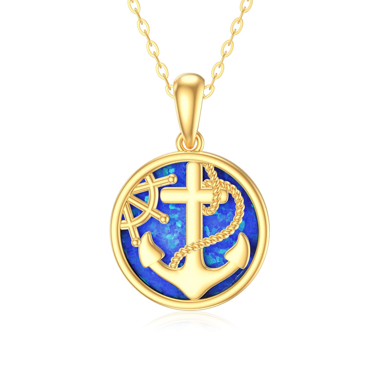 Blocaci 14K Gold Opal Anchor Pendant Necklace for Women Nautical Jewelry 16''-18''
