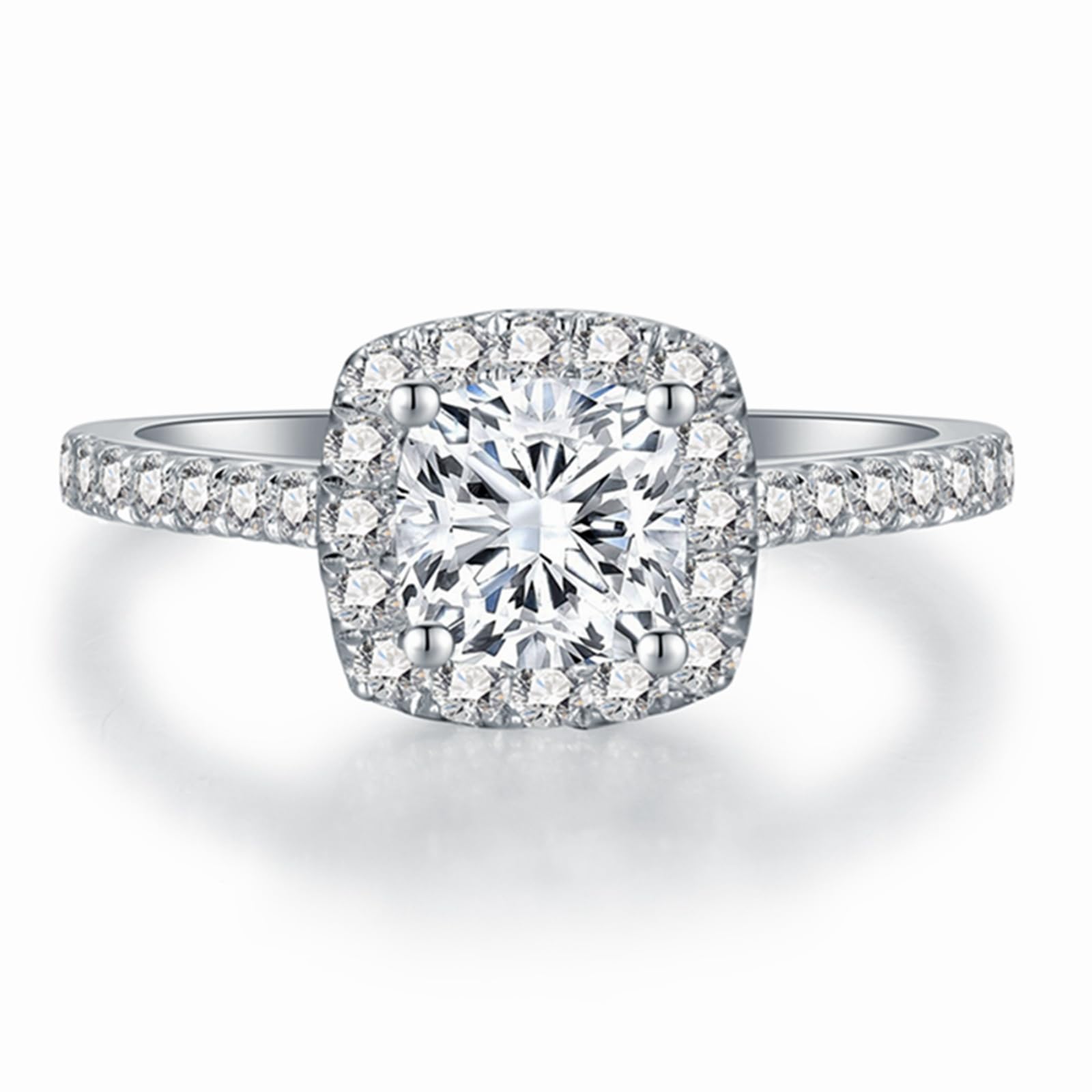 Halo Cushion Cut Moissanite Engagement Rings for Women White Gold 1 Carat Platinum Plated Silver Rings for Women Wedding