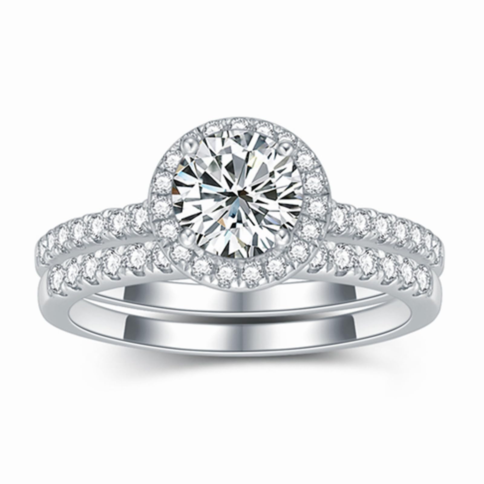 Women's Platinum Plated Silver Halo Engagement Ring Sets for Bride
| 1 Carat Center Moissanite Wedding Ring Set for Wom