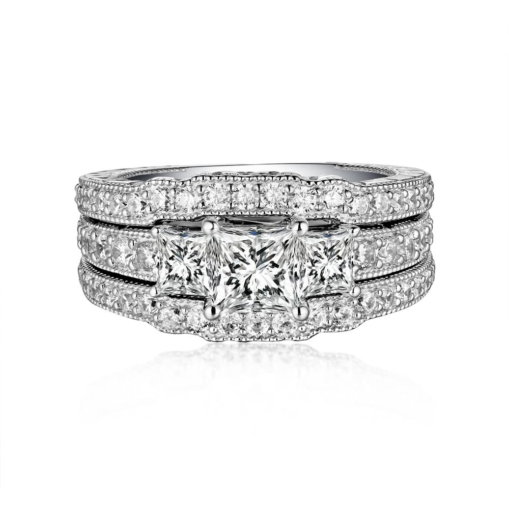 Blocaci |8 Ctw Moissanite Princess Cut Engagement Ring Set for Women White Gold 3 Pieces 3 Stone Bridal Ring Anniversary