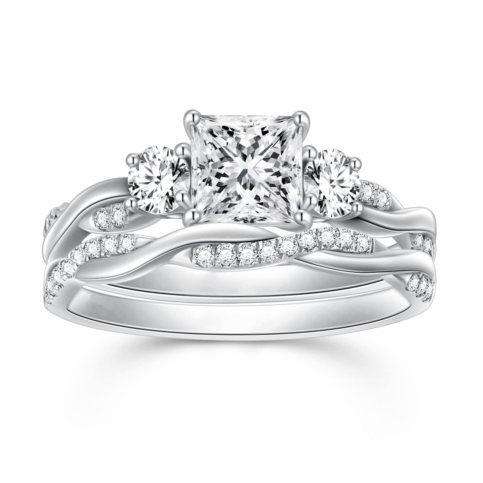 Princess Cut Moissanite Engagement Ring Sets for Women White Gold 1.5 Carat Plated Silver
| Infinity Pave Princess Cut